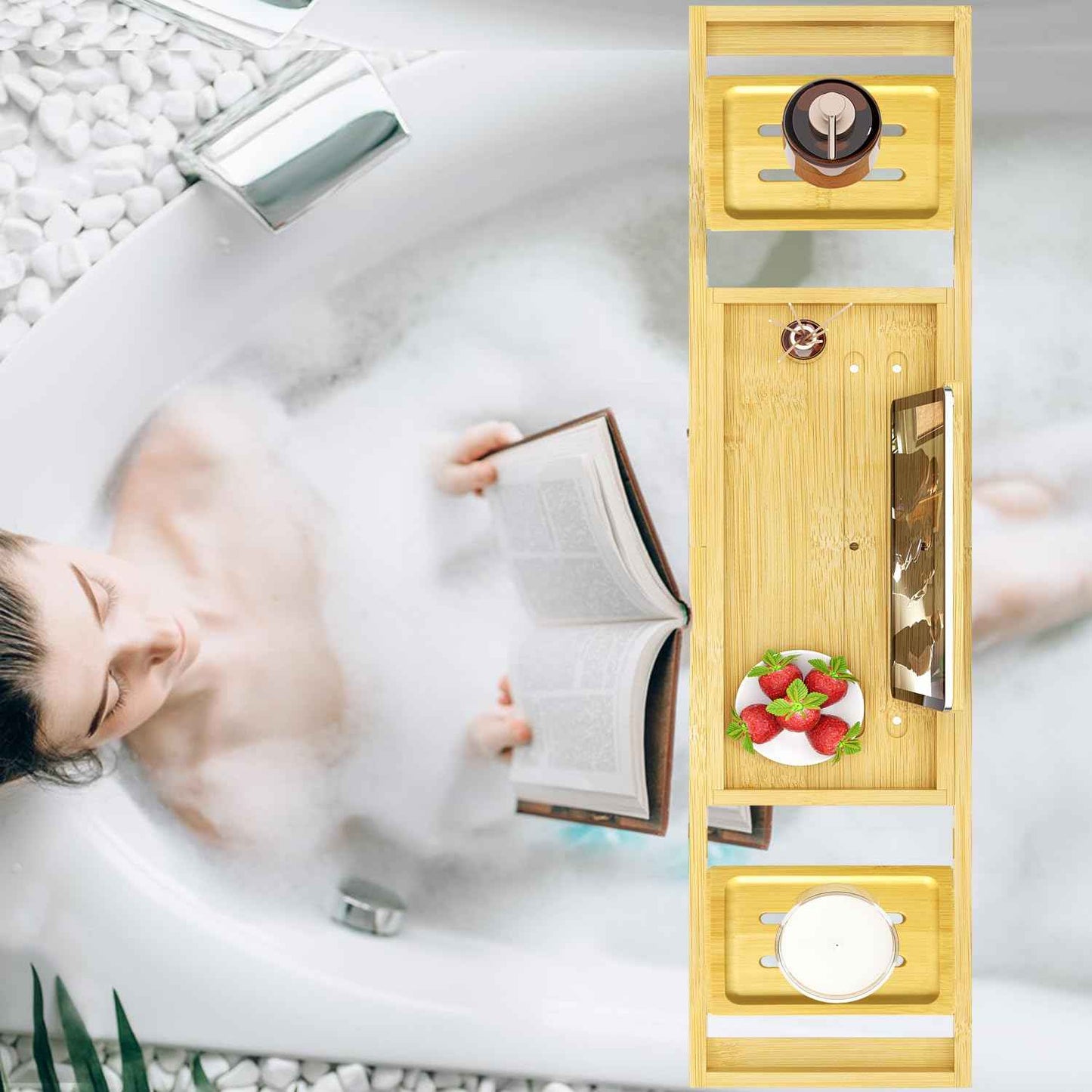 Premium Bathtub Tray - Expandable Bamboo Wooden Bath Trays for Bathub - Bath Tub Table Tray for Bathtub/Tub,Adjustable Size, Fits Most Tubs
