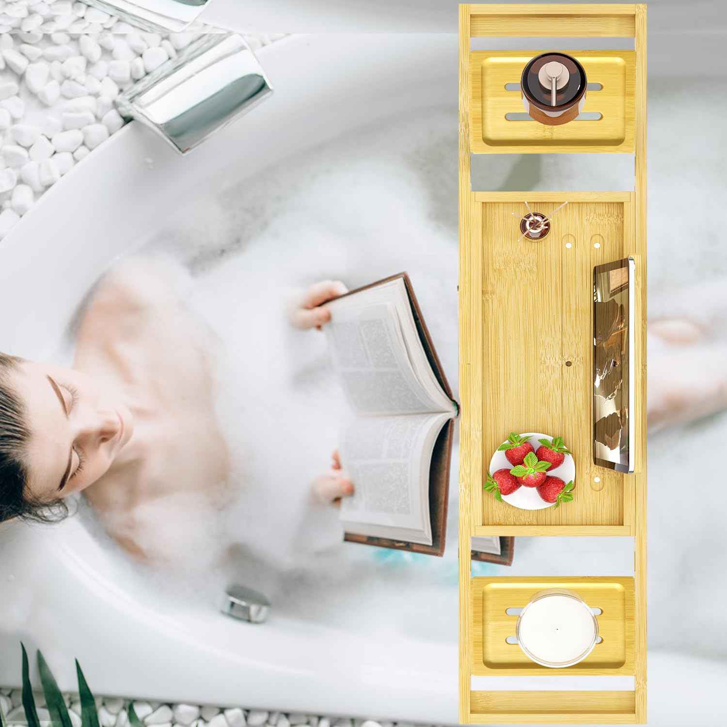 Premium Bathtub Tray - Expandable Bamboo Wooden Bath Trays for Bathub - Bath Tub Table Tray for Bathtub/Tub,Adjustable Size, Fits Most Tubs