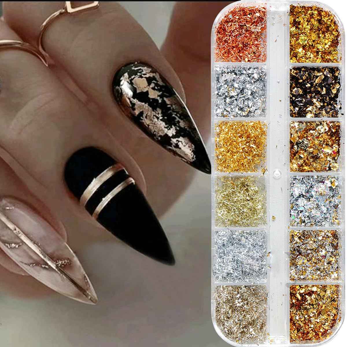 Holographic Nail Glitter Gold Foils for Women Kit -Sparkly Ultra-Thin Aluminum Foil Flake Nail Supplies Irregular Foil Glitter Flakes Design Powder Nail Glitters Sequins DIY Manicure Tip Charms Decor