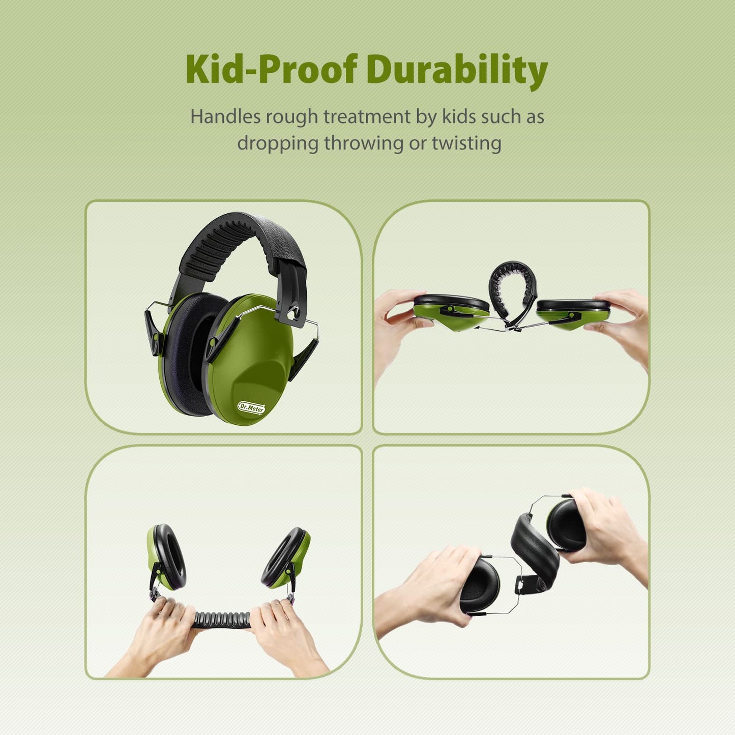 Dr.meter Noise Cancelling Ear Muffs: SNR27.4 Noise Cancelling Headphones for Autism with Adjustable Headband - Hearing Protection Ear Muffs for Monster Jam hooting Mowing and Studying - Arm Green