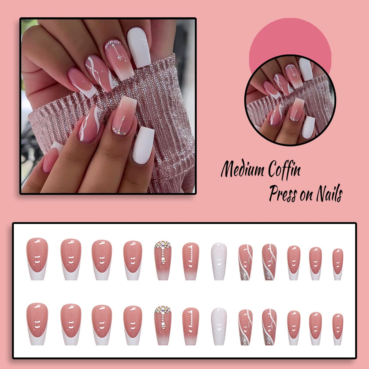 FOAMEE French Tip Press on Nails Medium Coffin Fake Nails with Luxury Rhinestones Designs Acrylic Glossy False Nails for Women