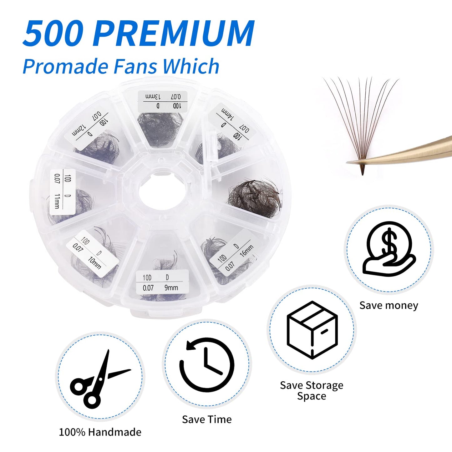 Volume Lash Extensions 10D Brown Premade Fans 500 PCS 0.07mm 9-16mm Mixed C/D Curl Short Stem Premade Volume Eyelash Extensions Pointed Base Fans by WENDY LASHES (500PCS-10D-0.07-D, 9-16mm MIXED)