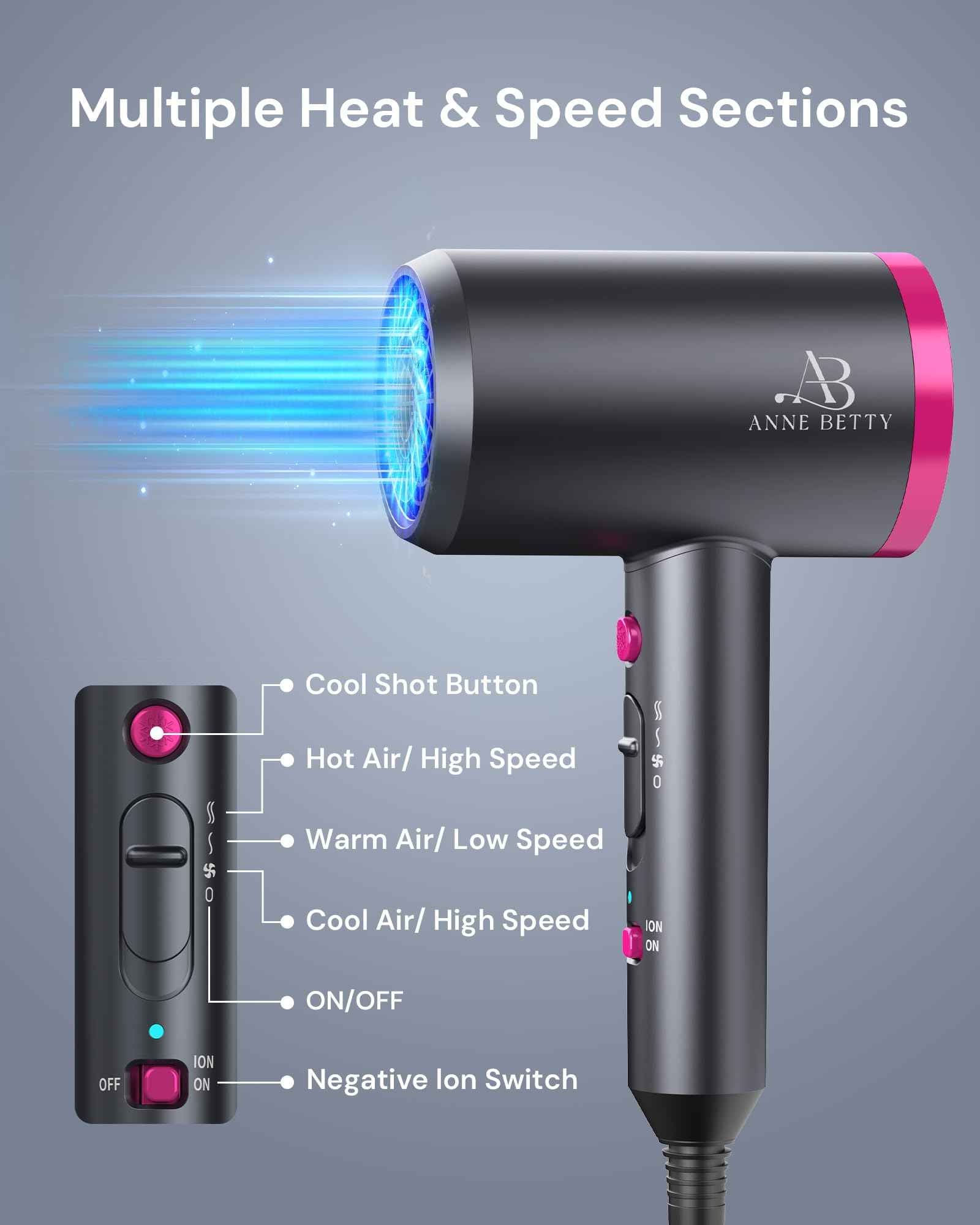 ANNE BETTY Hair Dryer with Diffuser for Curly Hair, 1800W Ionic Blow Dryer for Women & Men, Fast-Drying, Lightweight, Low Noise, Hair Care Styling Tool for Home, Travel