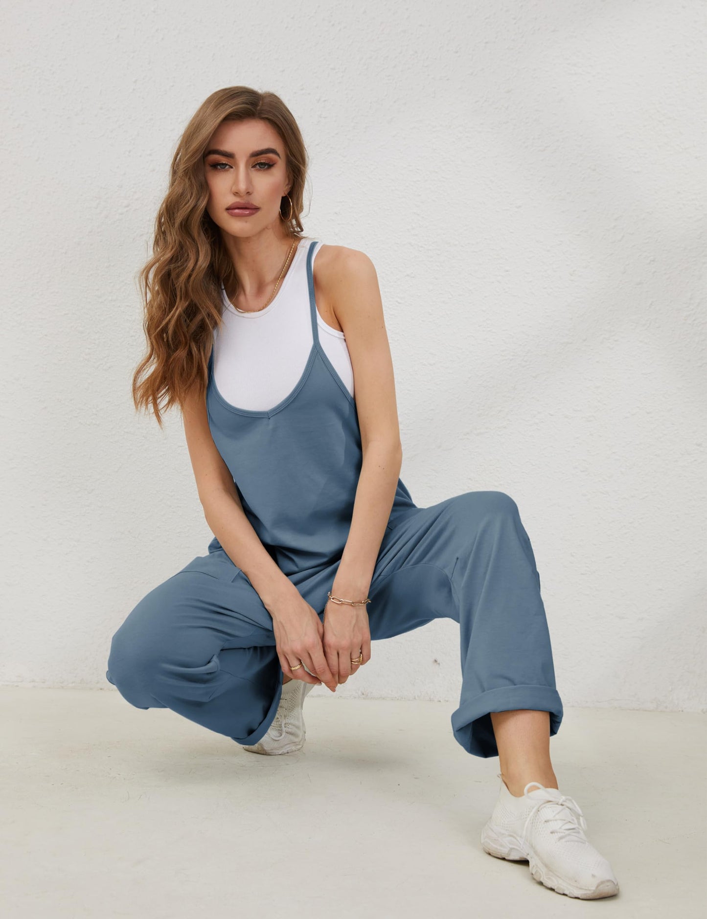 Lentta Women's Causal Jumpsuits V Neck Sleeveless Harem Overalls Stretchy Adjustable Strap Romper with Pockets(BlueGrey-S)