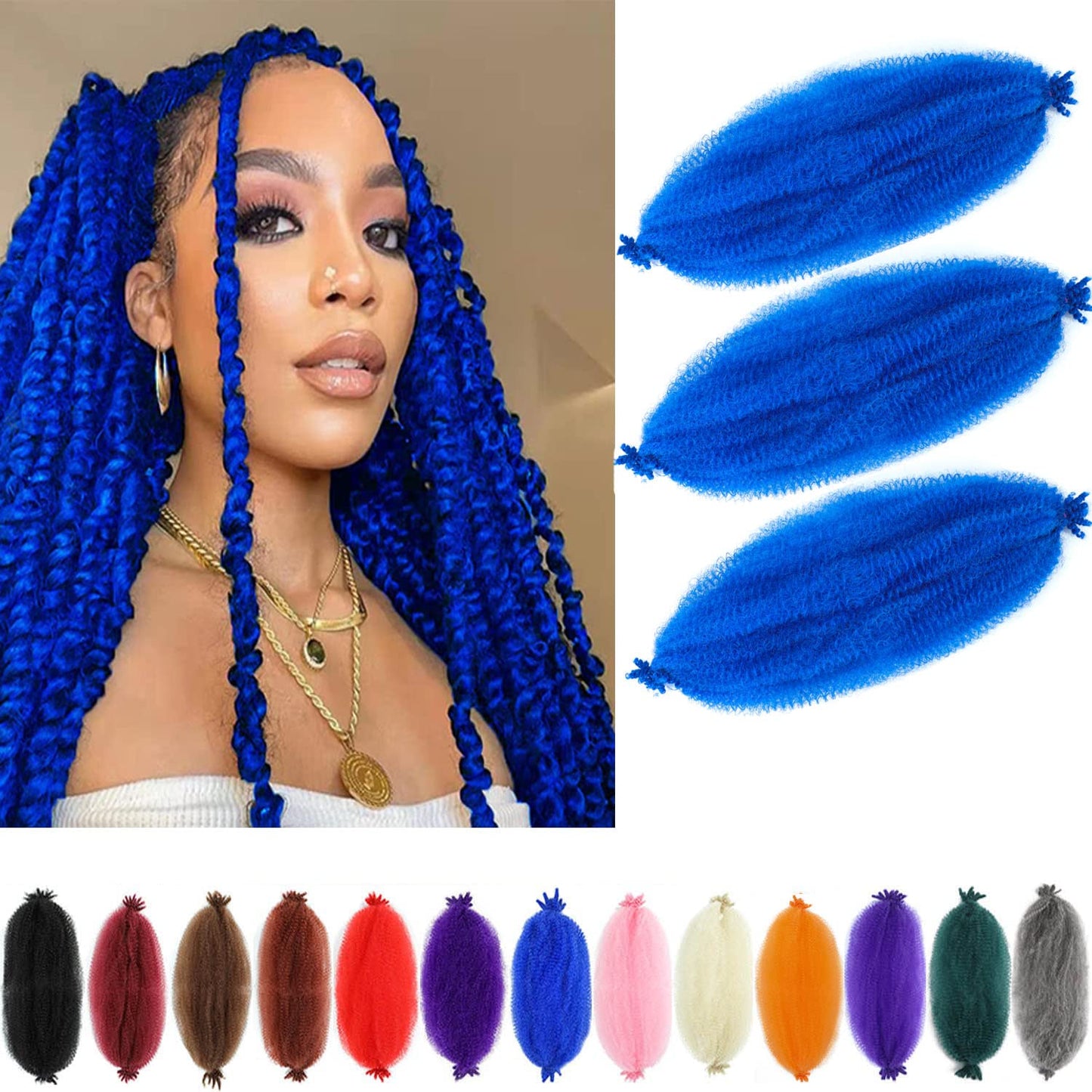 16Inch Afro Twist Hair 3Packs Pre-Separated Springy Afro Twist Hair (16 Inch (Pack of 3), Blue) …