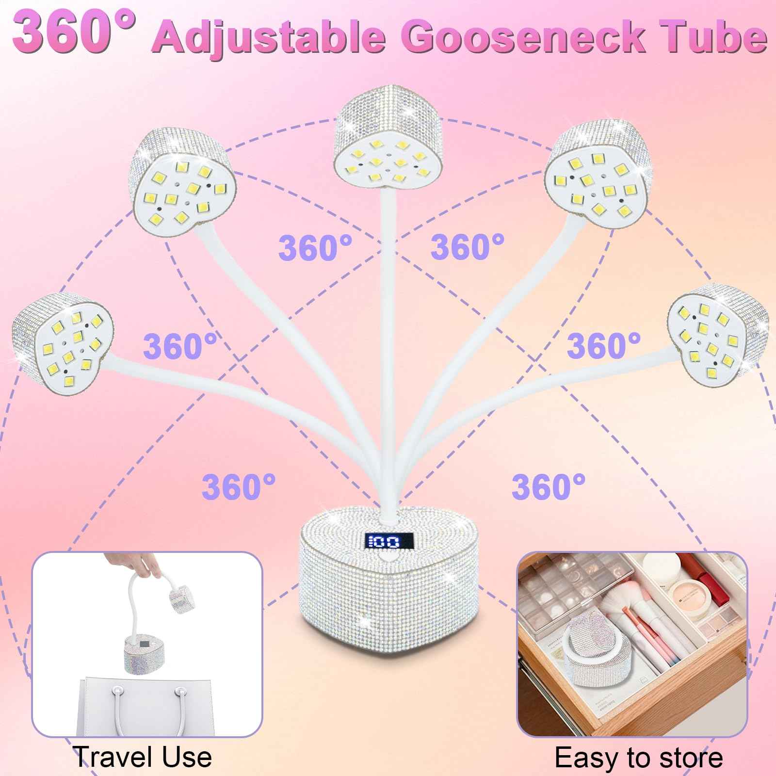 UV Nail Lamp, Mini UV Light for Gel Nails Polish Fast Curing Goosenecks Lamp, 30W Rechargeable LED Nail Light with 2 Timers & Auto Sensor for Salon Home DIY Use