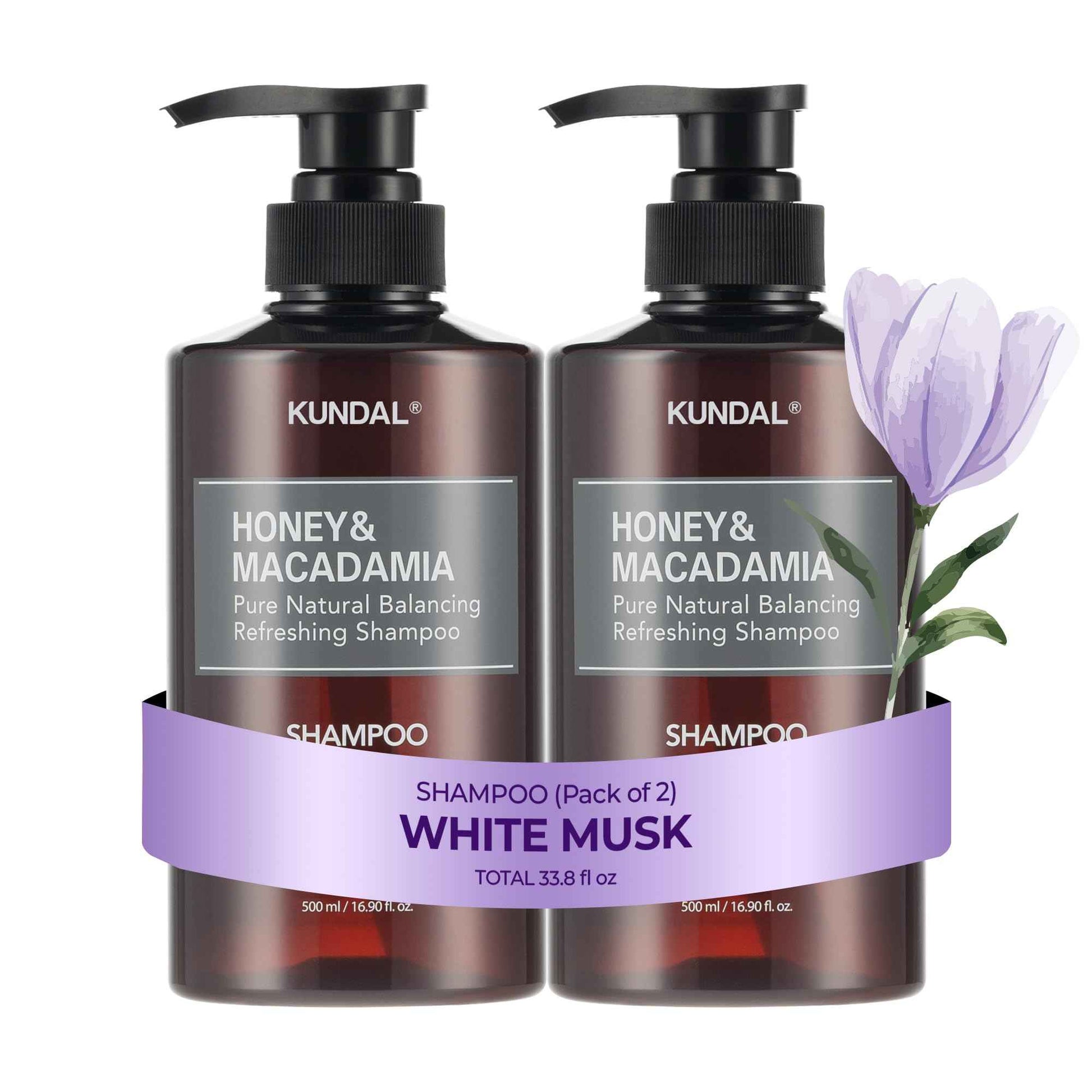 KUNDAL Honey & Macadamia Natural Shampoo [White Musk] Korean Hair Care Shampoo Damage Repair Strengthen, Nourish, with Argan Oil, Free Paraben & Sulfate 16.9 fl oz (Pack of 2),Stocking Stuffers