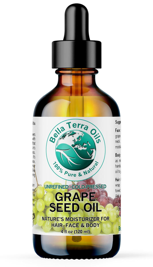 Bella Terra Oils - Organic Grape Seed Oil 4 oz - Embrace the Richness of Polyphenols & Flavonoids, Infused with Oleic Acid, For a Silky-Smooth Skin Finish