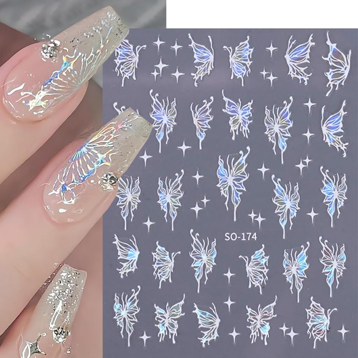 Butterfly Star Nail Art Stickers Decals 3D Self-Adhesive Laser White Black Blue Pink Butterfly Nail Art Designs Sticker Butterflies Nail Supplies Charms for Women Manicure Nail Decoration 6 Sheets