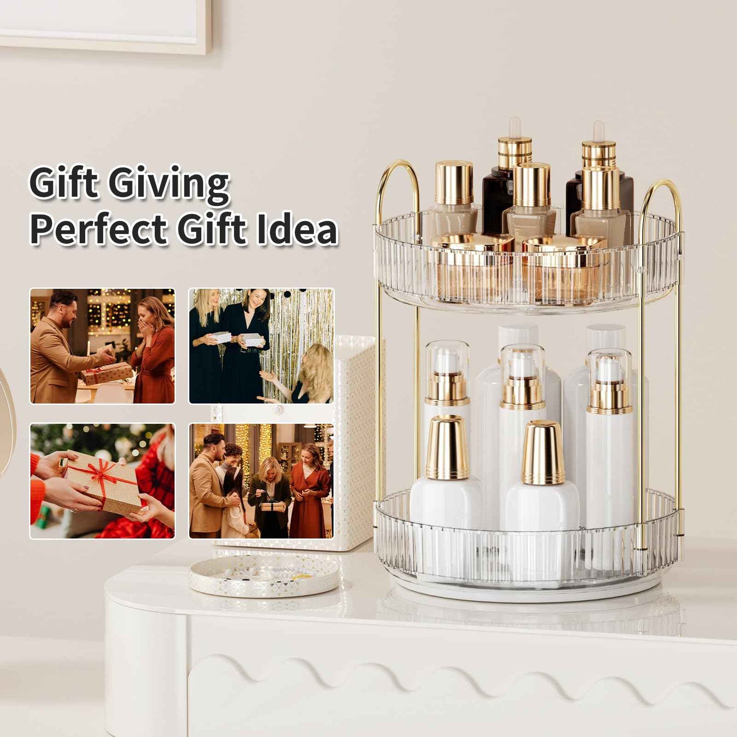 360° Rotating Makeup Organizer for Vanity - 2 Tier Perfume Organizer with Large Capacity - Skincare Organizer for Bathroom Counter - Space-Saving Cosmetic Storage for Dresser Countertop (Clear)