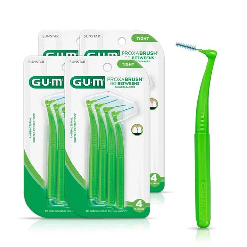 GUM Proxabrush Go-Betweens - Angled- Interdental Brushes - Soft Bristled Dental Picks for Plaque Removal Health - Safe for Braces & Dental Devices, 4 Count (Pack of 4)