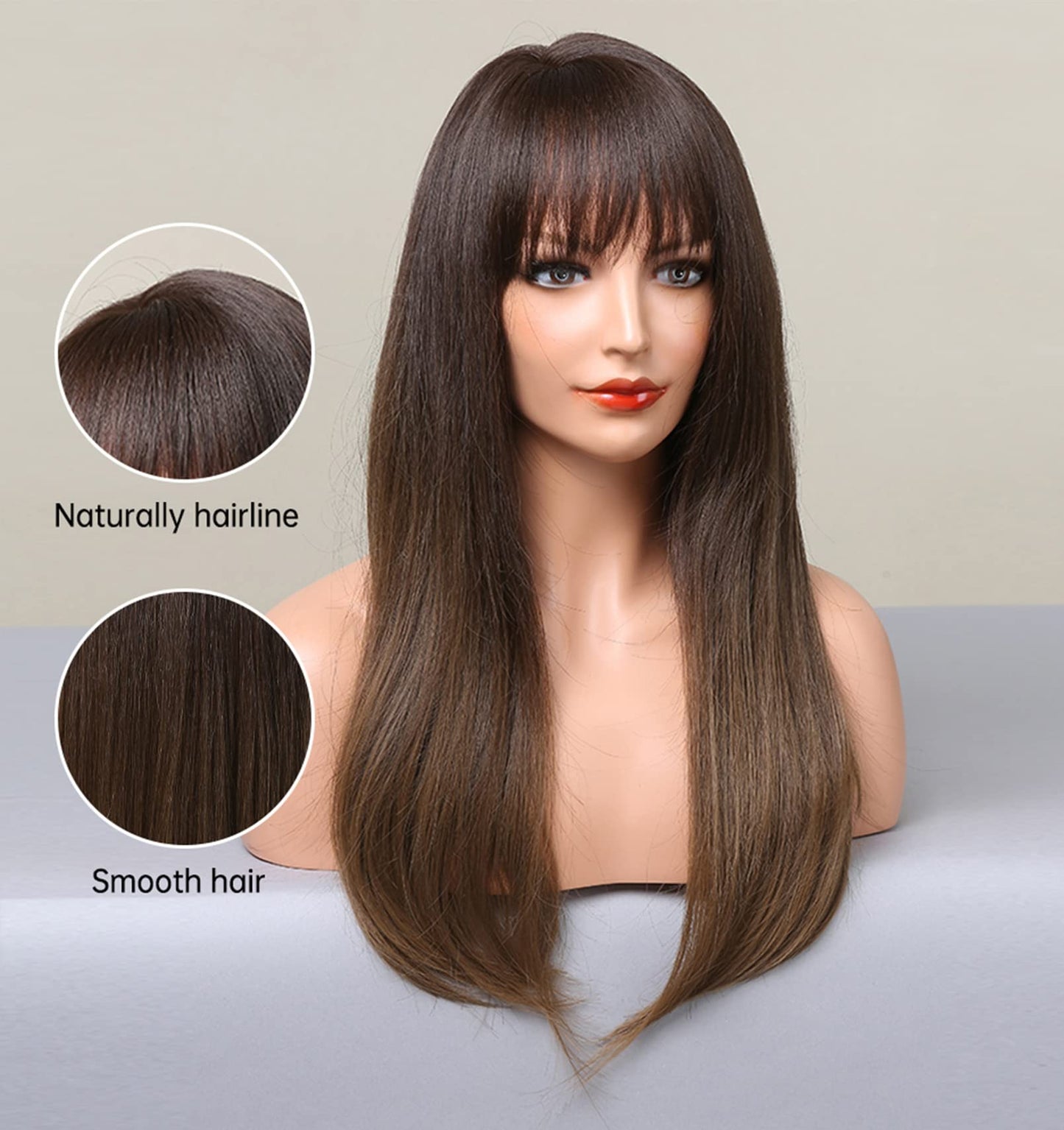 LANOVA Dark to Brown Wigs with Bangs,Ombre Brown Straight Wig for Woman Natural Looking Glueless Synthetic Cosplay Wig 20 inch LANOVA-237