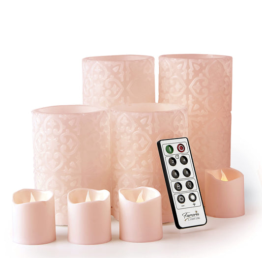 FURORA LIGHTING Pink Rome Real Wax LED Candles with Remote and Timer, 4 Pillar and 4 Votives Pack of 8, Flameless Flickering Candles for Home Décor, Battery Included