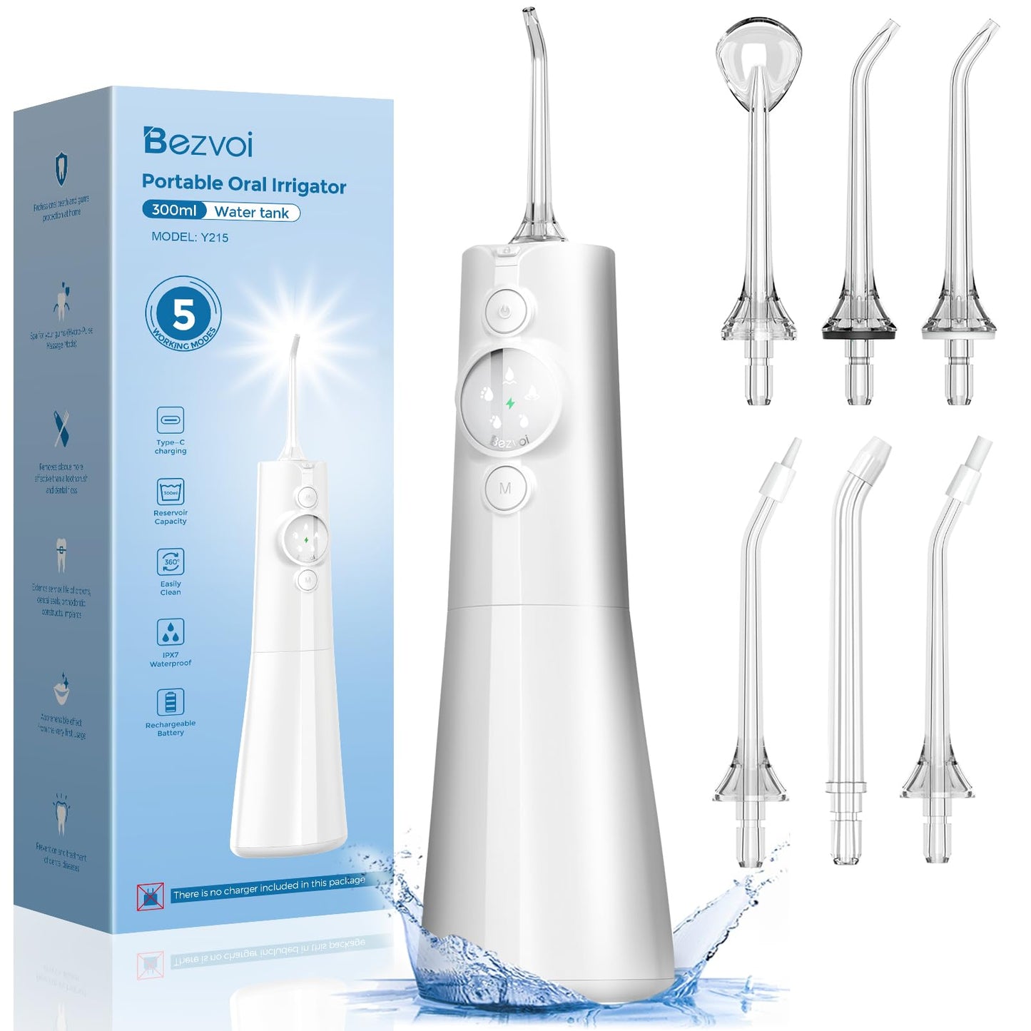 Bezvoi Water Dental Flosser Cordless: Professional Water Floss LED Display 5 Modes, 300ML Water Tank, IPX7 Waterproof Portable Oral Irrigator with 6 Jet Tips for Travel, Home (White)