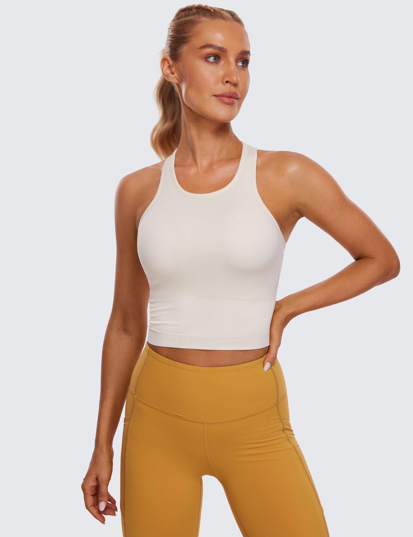 CRZ YOGA Womens Seamless Ribbed Longline High Neck Sports Bra - Racerback Padded Slim Fit Crop Tank Top with Built in Bra White Apricot Small