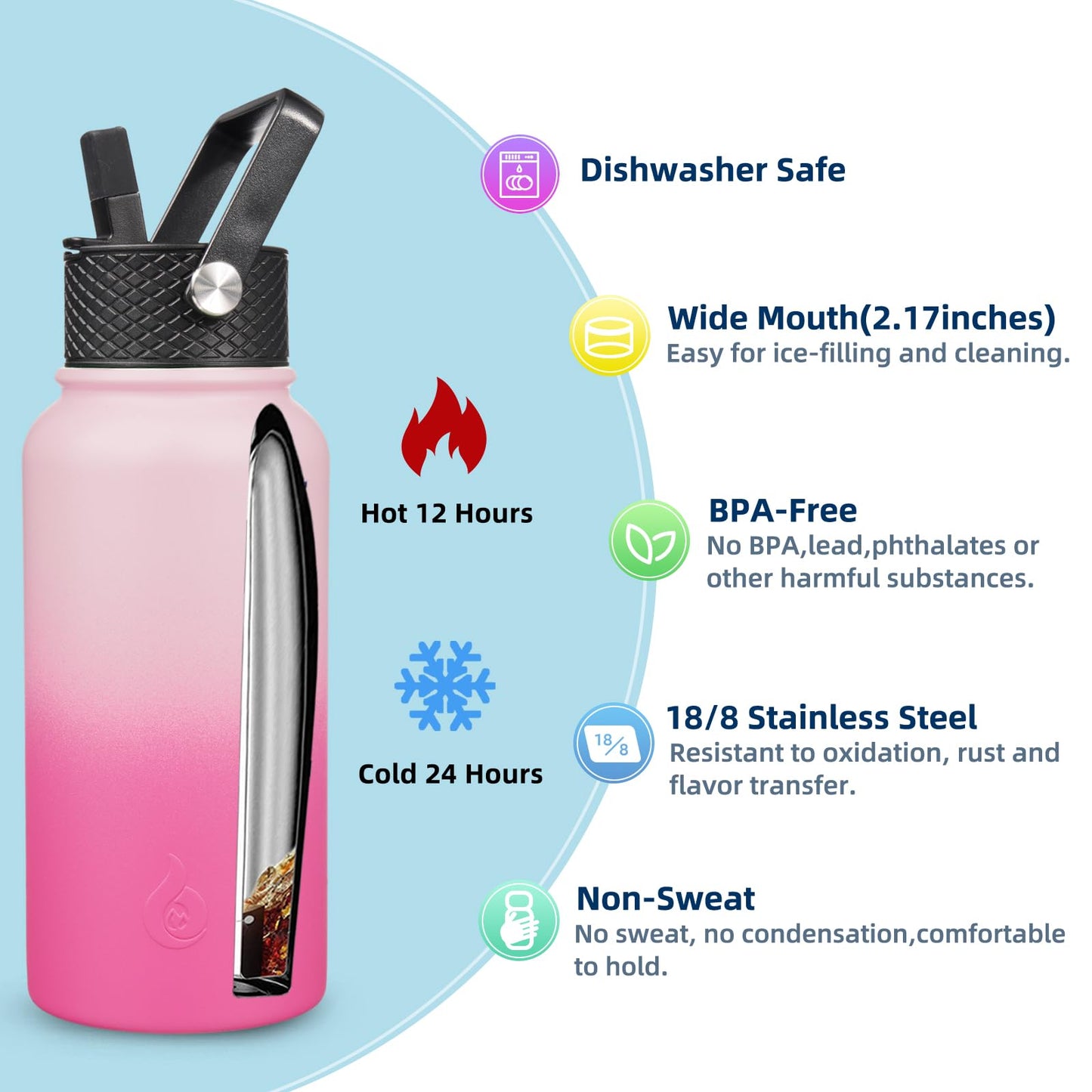 BJPKPK Insulated Water Bottles with Straw Lid, 27oz Stainless Steel Water Bottle with 3 Lids, Leak Proof BPA Free Metal Thermos Mug, Sports Water Bottle Keep Cold & Hot-Cherry