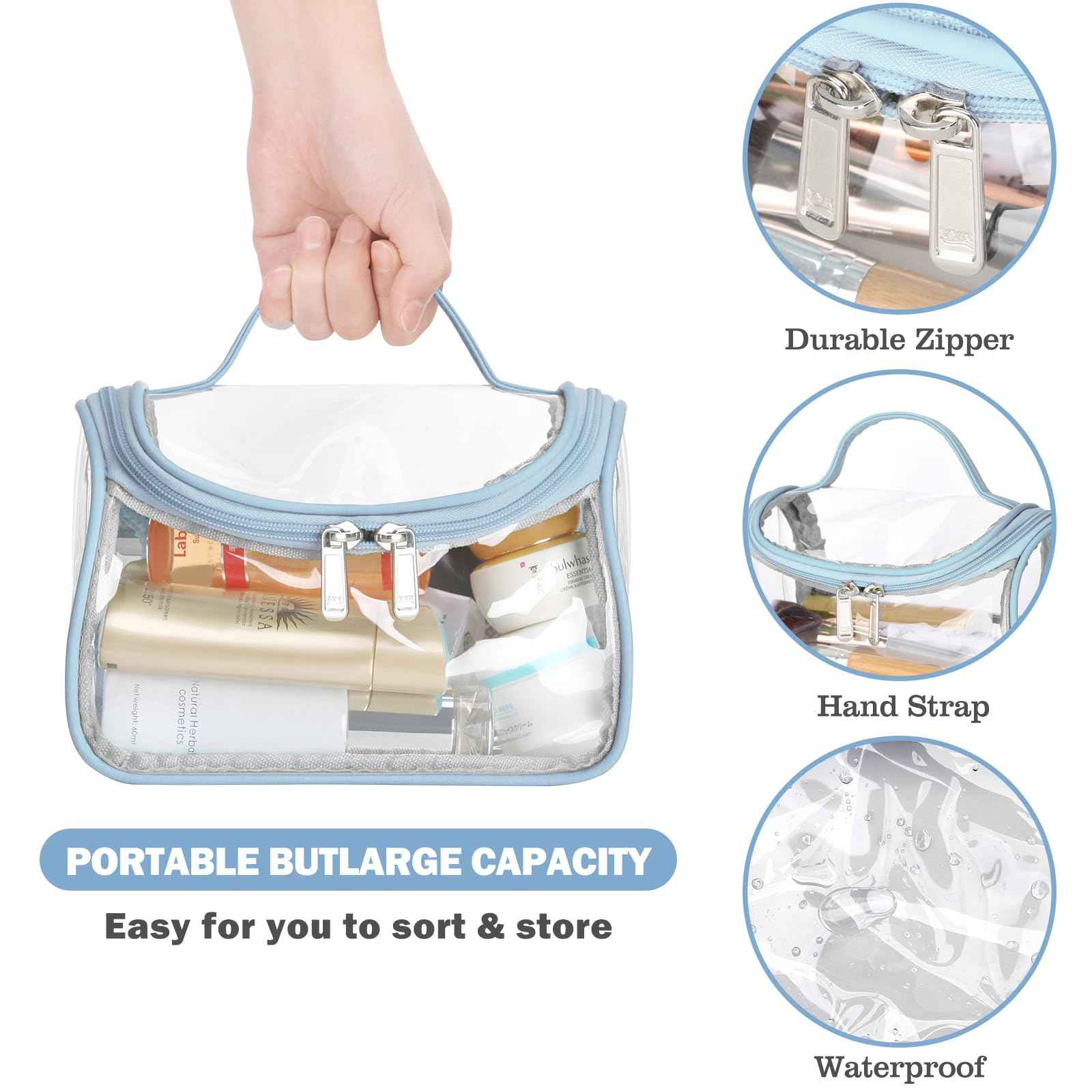 HAOGUAGUA Heavy Duty Clear Cosmetic Bag Waterproof Transparent Travel Makeup Toiletry Organizer Bag (Blue-1pcs)