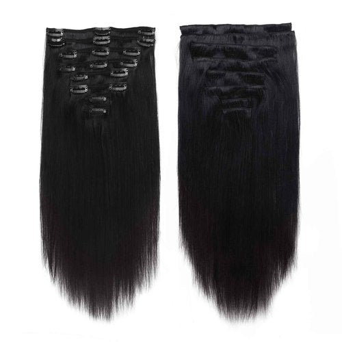 ABH AMAZINGBEAUTY HAIR Clip in Hair Extensions Real Human Hair Invisible Double Wefts 100% Real Remy Human Hair Clip in Extensions Silky Straight Jet Black 18 Clips 90G 16 Inch