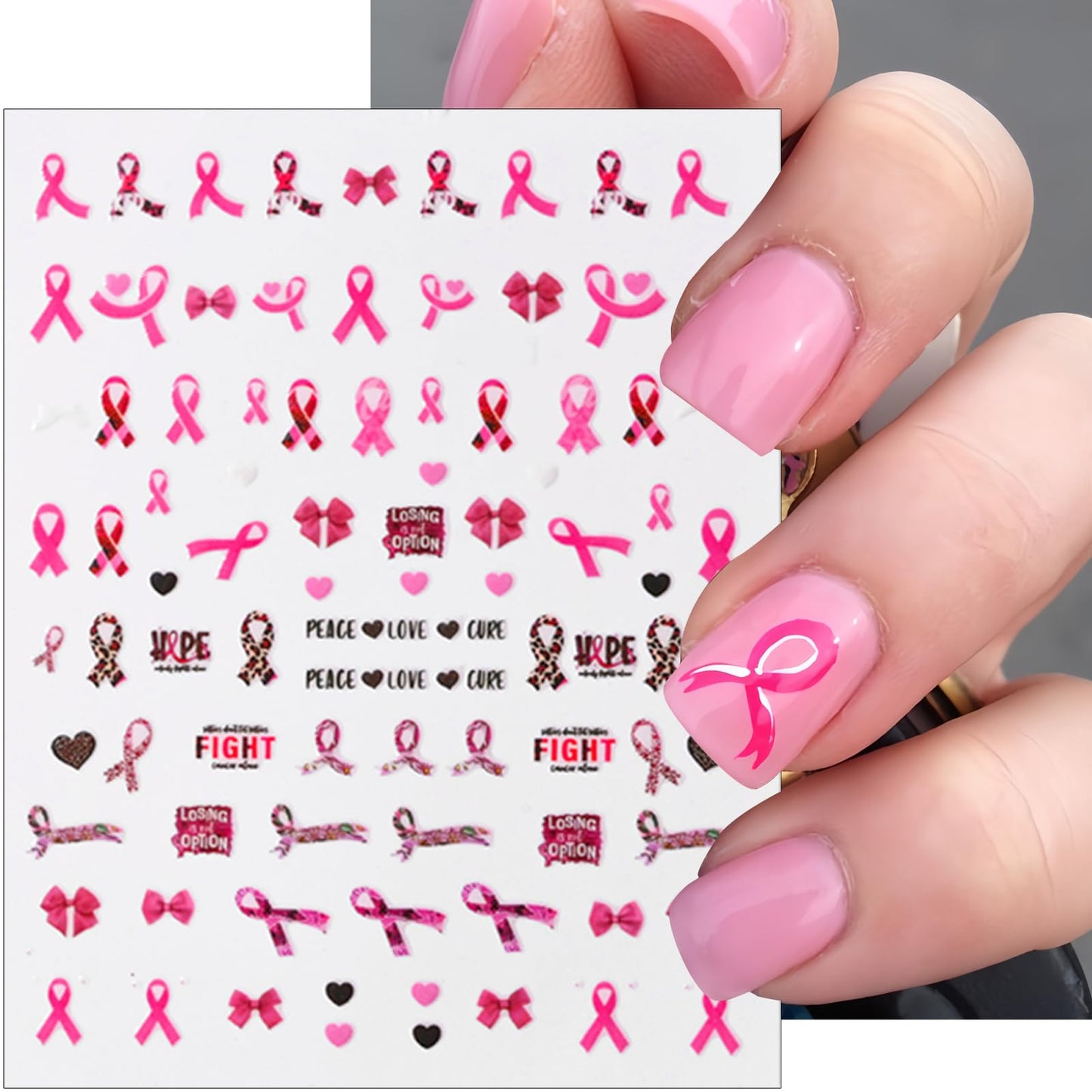 Breast Cancer Nail Art Stickers 3D Self-Adhesive Nail Decals Pink Ribbon Nail Stickers Heart Breast Cancer Awareness Nail Design Stickers Nail Supplies for Women Girls DIY Manicure Decoration 6Sheets