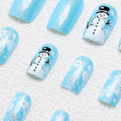 Christmas Press on Nails Short Square Blue Glitter Fake Nails with Snowflake ＆ Snowman Designs Cute Xmas Winter Acrylic Nails Full Cover False Nails Stick on Nails for Women Women Nail Art DIY 24 Pcs