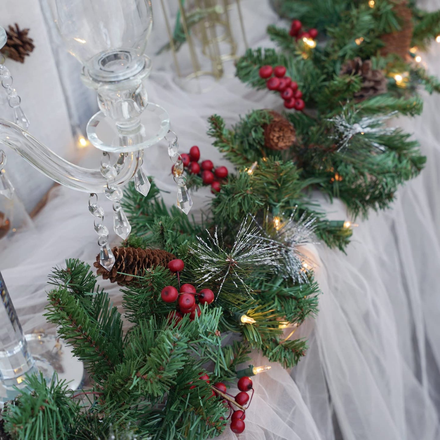 Pre-Lit Artificial Christmas Garland, Green, White Lights 50, Decorated with Pine Cones, Berry Clusters, Plug in, Christmas Decorations, 9 Feet