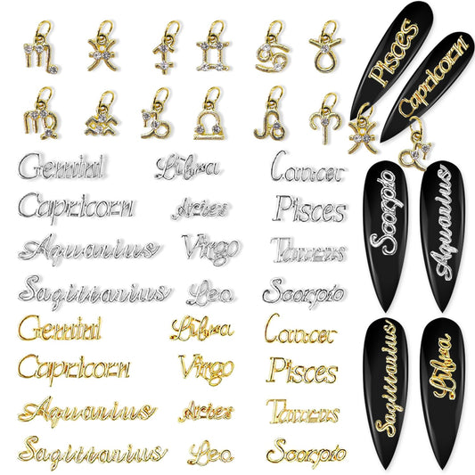 SILPECWEE 36pcs Zodiac Nail Charms 3d Gold Silver Zodiac Sign Nail Letters Flat Back Nail Rhinestones Crystal Diamond Constellation Nail Jewels Studs Alloy Nail Art Decoration