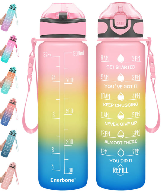 Enerbone 32 oz Drinking Water Bottle with Times to Drink and Straw, Motivational with Carrying Strap, Leakproof BPA & Toxic Free, Ensure You Drink Enough Water for Fitness Gym Outdoor