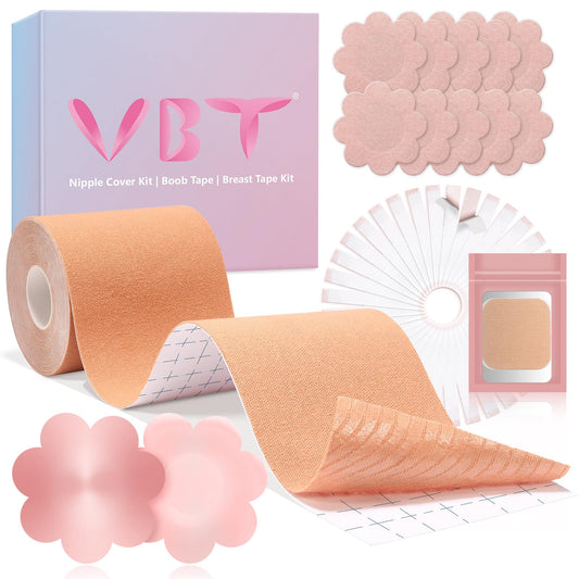 VBT Boob Tape, Replace Bra-Instant Breast Tape, Suitable for A-G, Bob Tape for Breast Lift w 1 Boobtape, 5 Pairs Satin Breast Petals, 1 Pair Silicone Nipple Stickers, 36 PCS Double Sided Tape Beige