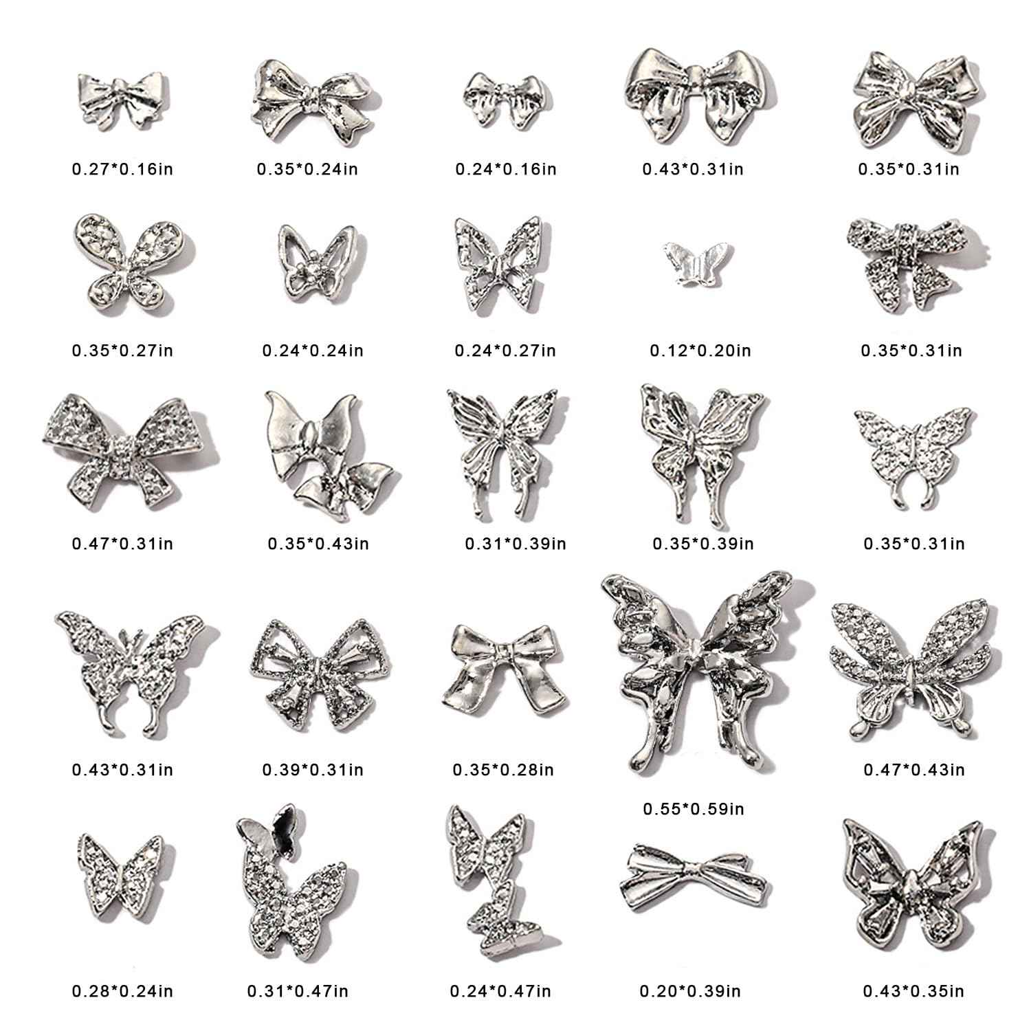 WOKOTO 100 Pcs 25 Styles Silver 3D Butterfly and Bow Nail Charms Alloy Nail Gems for Nails Butterfly Bow Knots Charms for Nail Art Design Decoration Jewelry Nail Alloy Studs Jewels