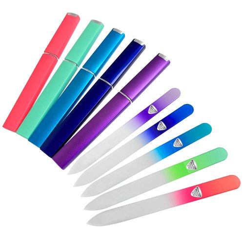 Bona Fide Czech Glass Files for Nails, 5-Piece Manicure Glass Fingernail Files with Cases (Malibu Color Set)