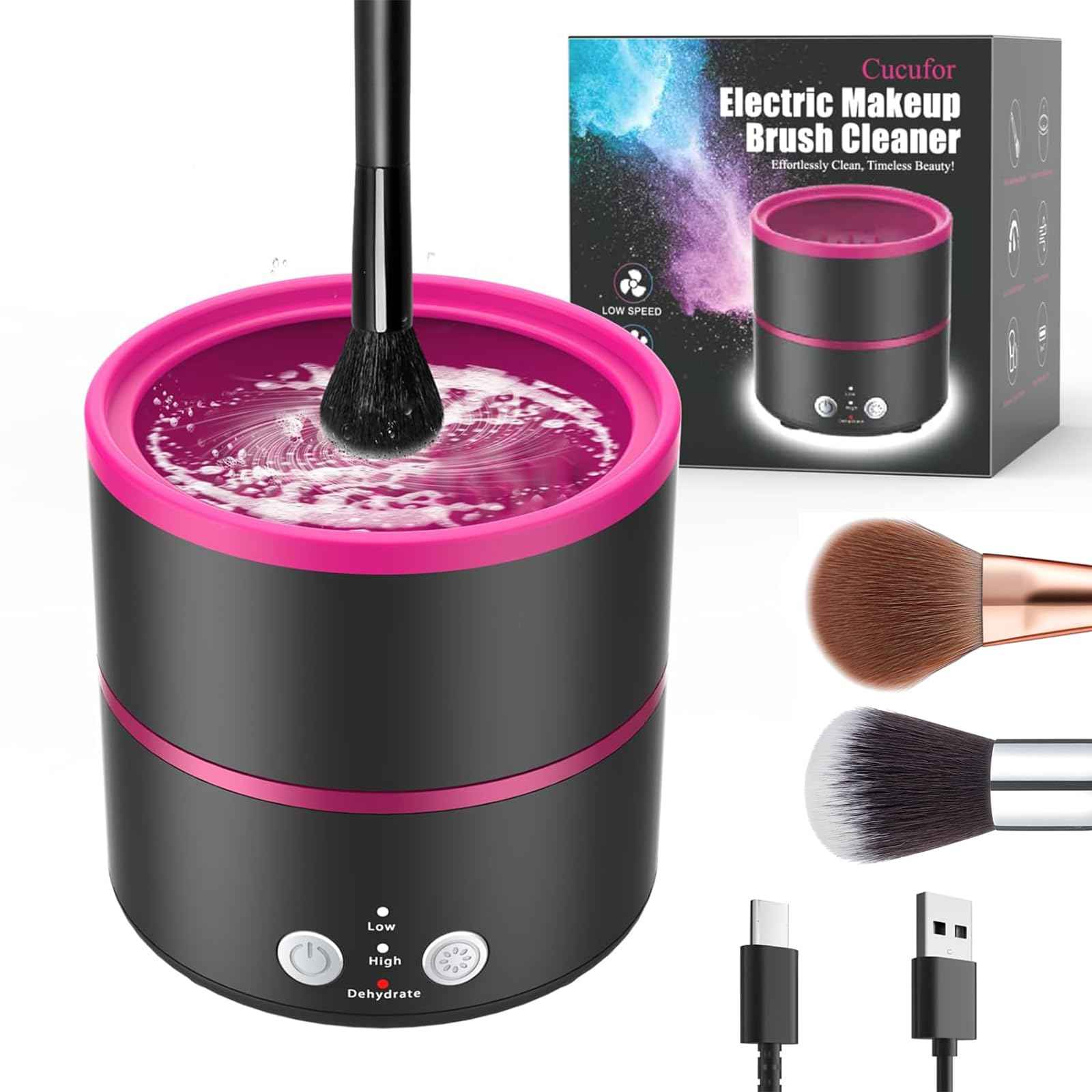 Cucufor Electric Makeup Brush Cleaner Machine, 2 Speeds and Dehydration Powerful Friction Removes Residue on Makeup Brushes Set/Sponge/Powder Puffs, Efficient Cleaning, Spinning Washer Black Pink