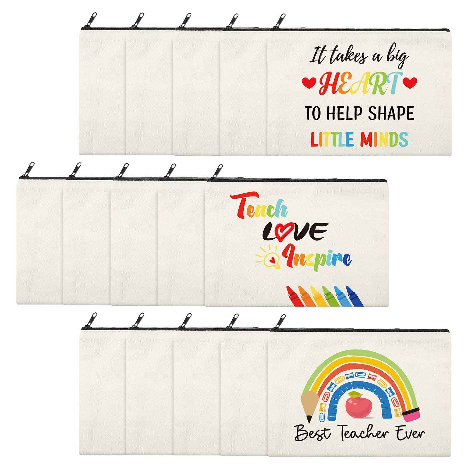 15 Pieces Teacher Appreciation Gifts Teacher Makeup Pouch Cosmetic Bag Teacher Thank You Gifts for Women Travel Toiletry Case Pencil Bag with Zipper for Teacher, 3 Styles (Rainbow)