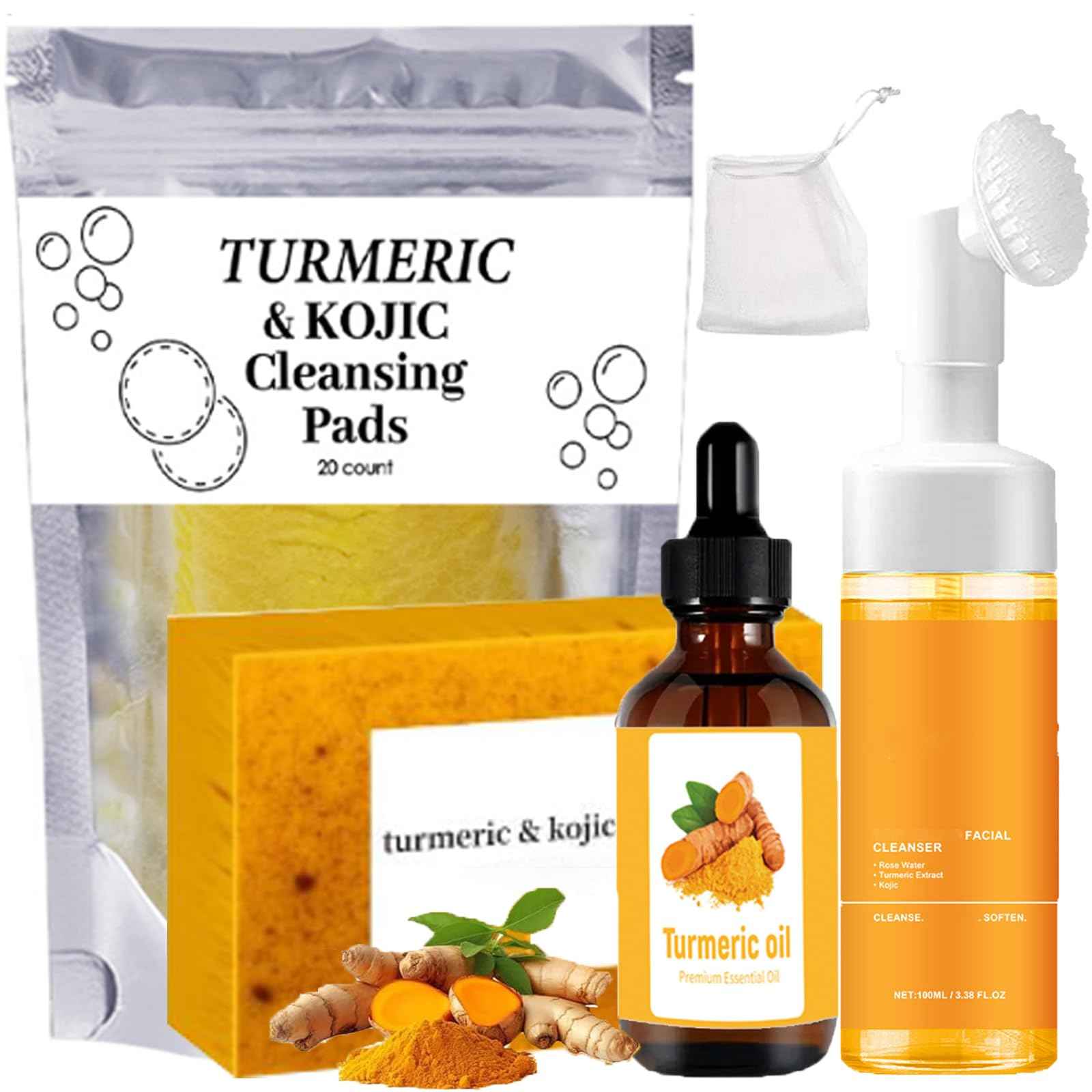 Turmeric Wash and Care 4 Piece Set - Lemon Turmeric Kojic Soap Bar & Cleansing Pads & Face Wash & Essential Oil, Jabon de Curcuma, Deep Cleansing Exfoliating Scrub Pads for Face & Body (A)