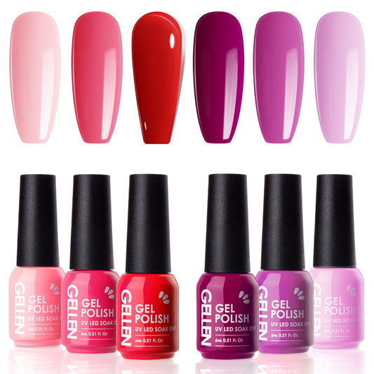 Gellen Burgundy Red Gel Nail Polish Set, 6 Colors Purple Gel Nail Polish Colors Art Manicure, Red Tone Gel Nail Polish Set for Salon Professional DIY