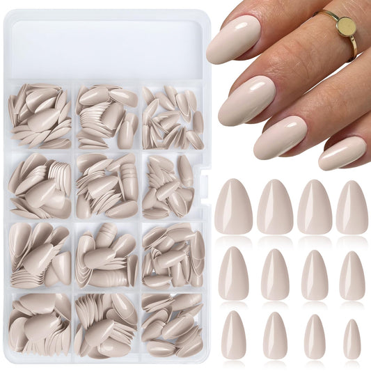 LuckForever 360pc XS Almond Press on Nails Short Fake Nails Khaki Tan Glue on Nails XS Short Acrylic Nails Press ons Nail Almond Artificial Fingernails False Nails Tip with Nail Glue Adhesive File