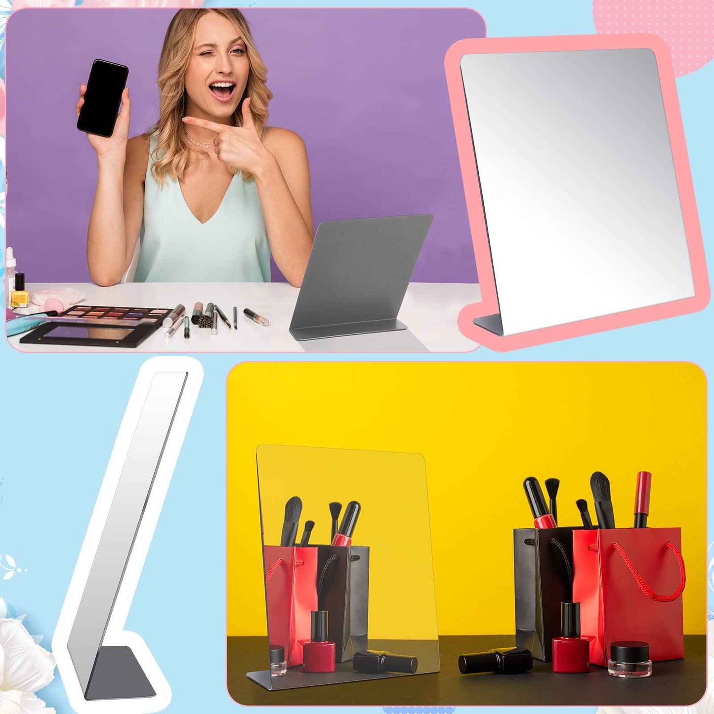 Amyhill 4 Pcs Counter Top Mirror Freestanding Mirror Single Sided Acrylic Desk Glass for Tabletop Bedroom, Office, Bathroom, Dorm, Home (8.5 x 11 Inch)