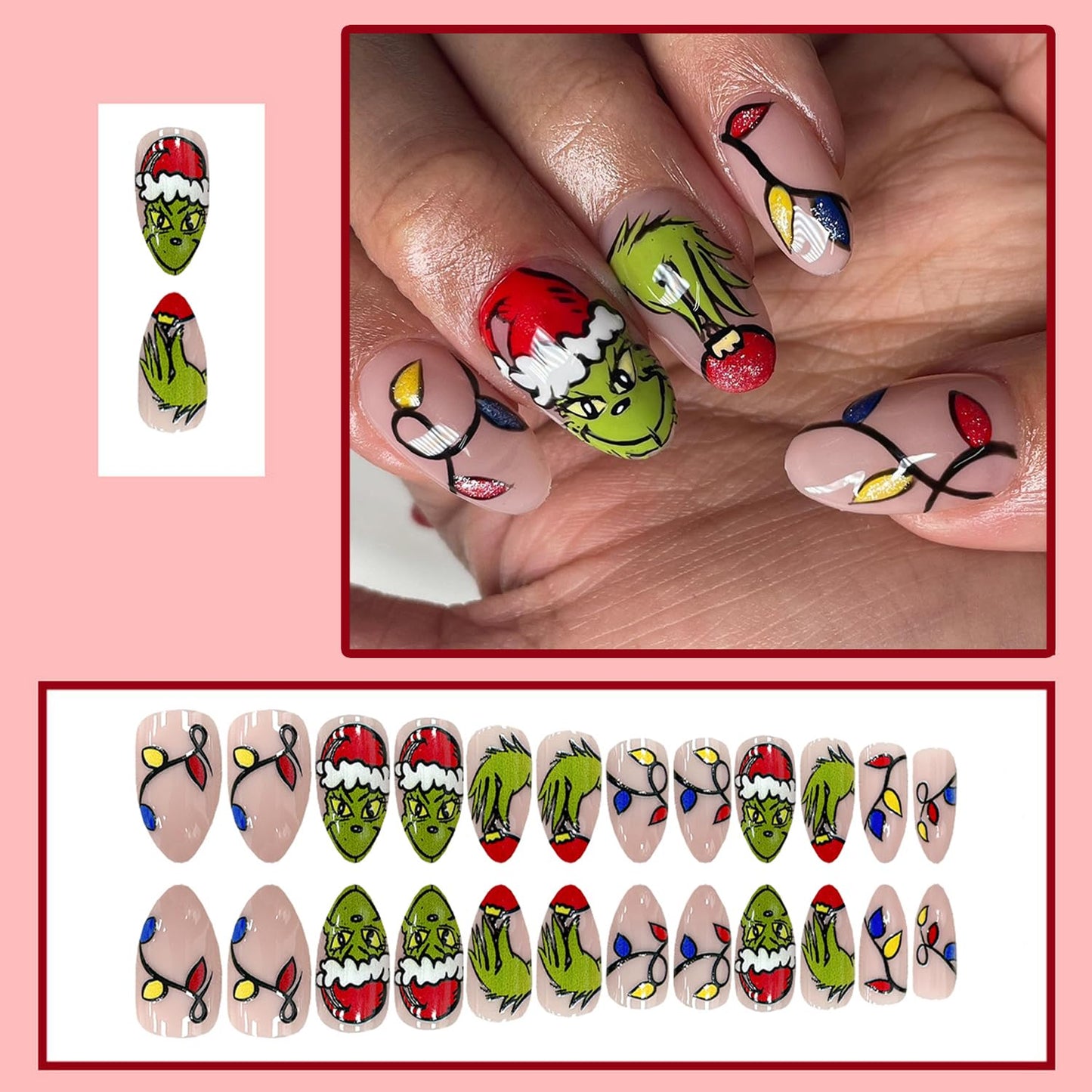 Christmas Press on Nails Short Almond Shaped Fake Nails with Green Monster Designs Full Cover Acrylic Nails Winter False Nails with Designs Cute Xmas Gloss Artificial Nails Nail Decorations for Women