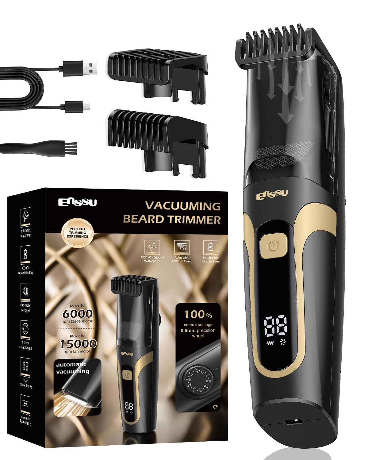 ENSSU Beard Trimmer for Men Auto-Vaccum, Rechargeable Electric Men Beard Trimmers with 2 Combs, 1-20mm Adjustable Length Dial, Waterproof Cordless Mustache Trimmer for Face, Stubble