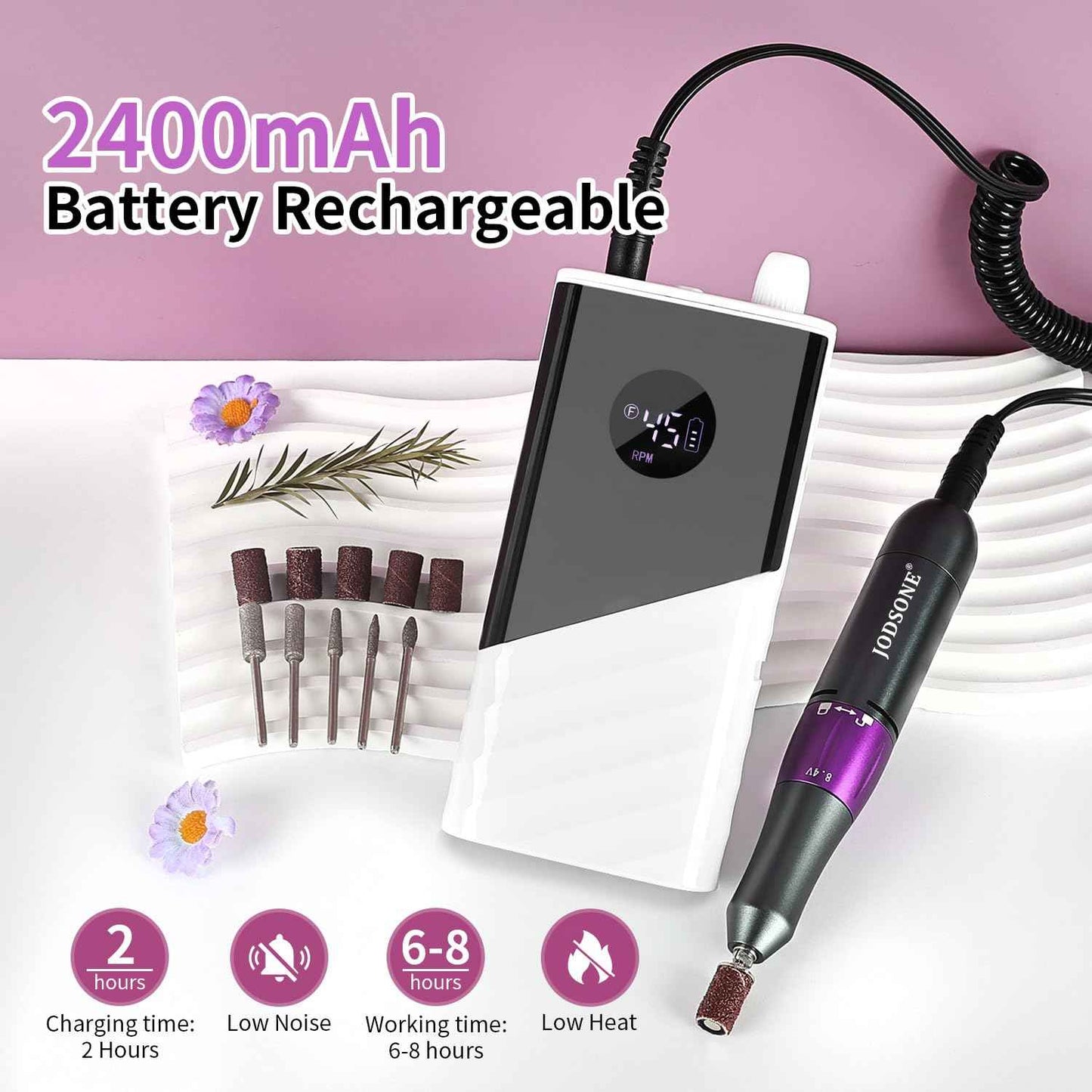 JODSONE Professional Nail Drill 45000 RPM Rechargeable Nail File for Nail Gel Removal Low Noise Portable for Home and Salon