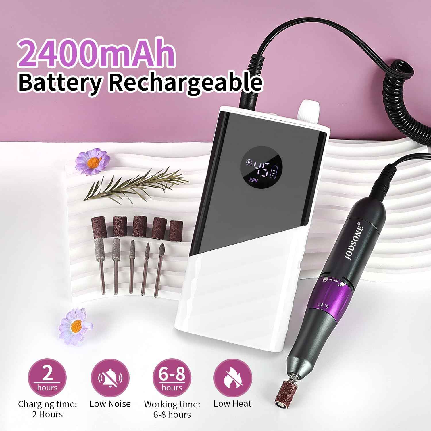 JODSONE Professional Nail Drill 45000 RPM Rechargeable Nail File for Nail Gel Removal Low Noise Portable for Home and Salon