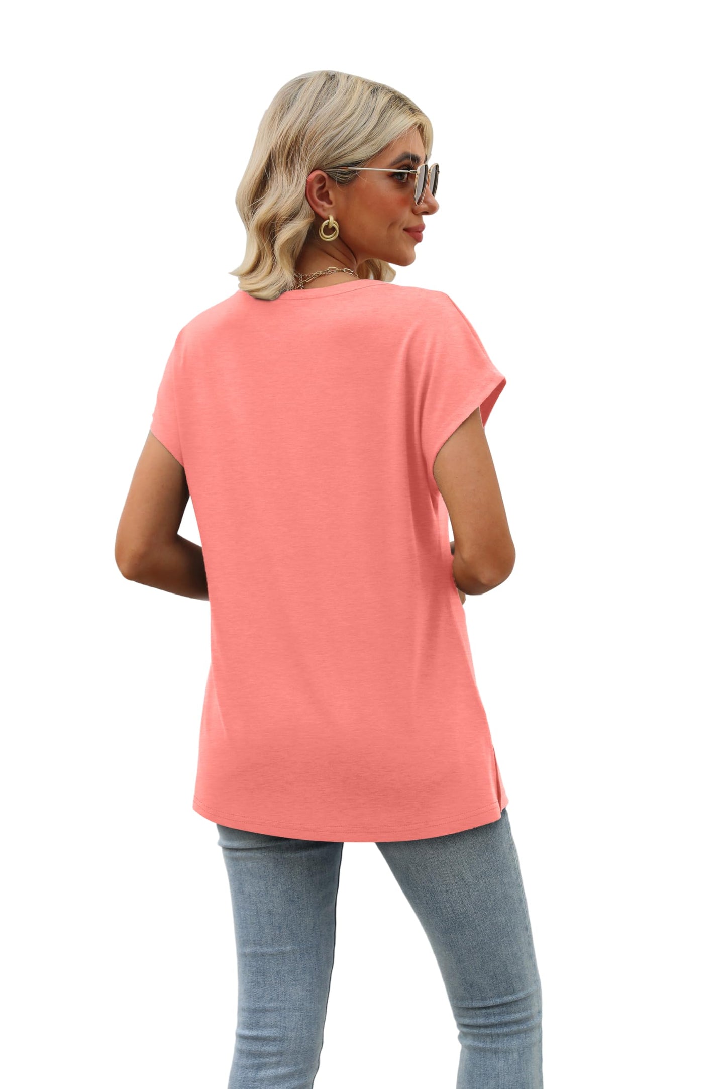 Ladies Tops and Blouses Womens Short Sleeve Summer Tops Trendy V Neck Loose Fit Shirts Red S