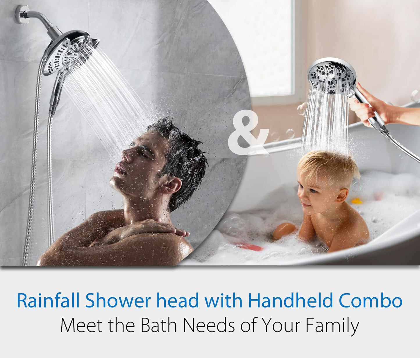 INAVAMZ 2-in-1 Shower Head with Handheld Combo: 2.5GPM Rainfall Shower Head & Handheld Shower Head Use Together or Alone, 9 Spray Settings Hand Held Shower Head with Hose