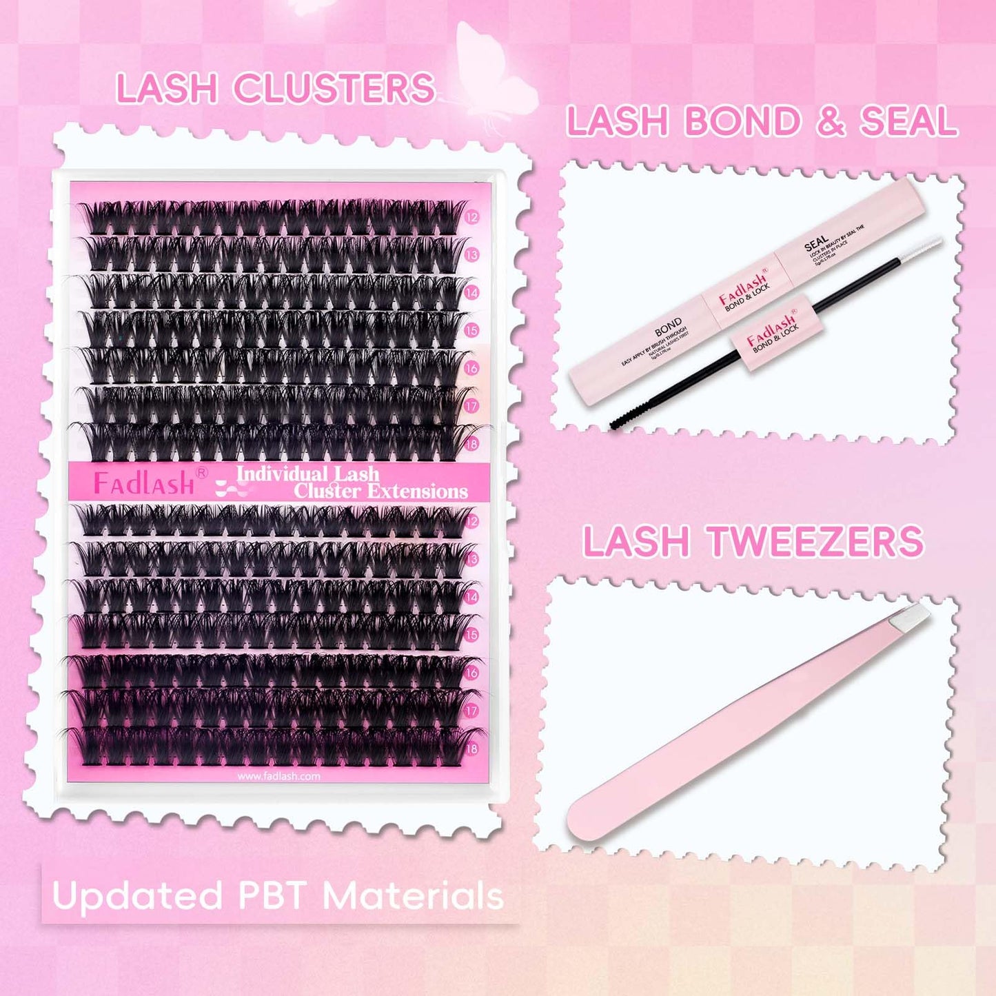 FADLASH Lash Extension DIY Kit Volume Fluffy Lash Clusters D Curl Cluster Lashes with Lash Bond and Seal Lash Tweezers for DIY Eyelash Extension at Home for Self Use（Kit 80D+100D-0.07D-12-18MIX）