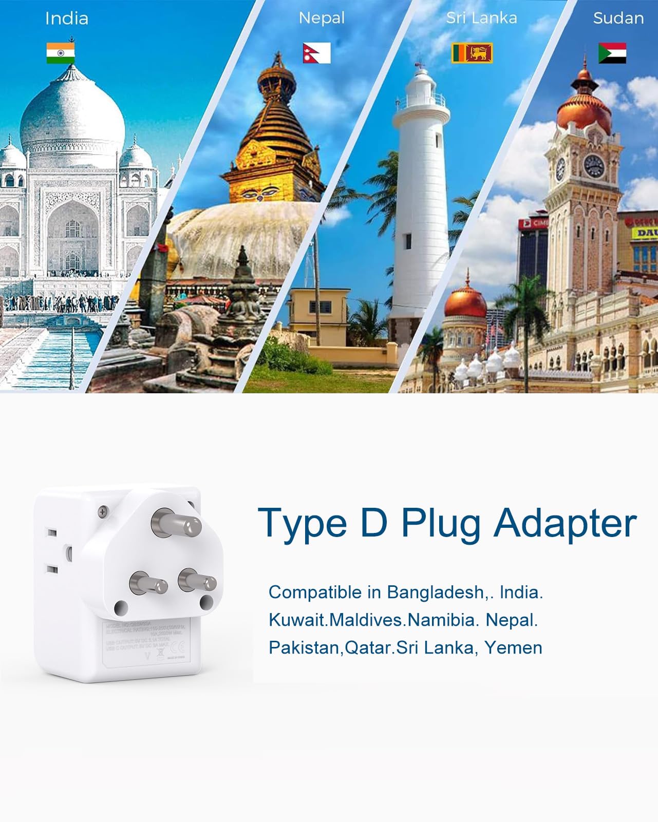 2 Pack India Power Adapter, One Beat Type D Plug Adapter with 3 American Outlets 3 USB Ports(1USB C), 6 in 1 India Travel Plug Adapter for US to India, Bangladesh, Kuwait, Maldives