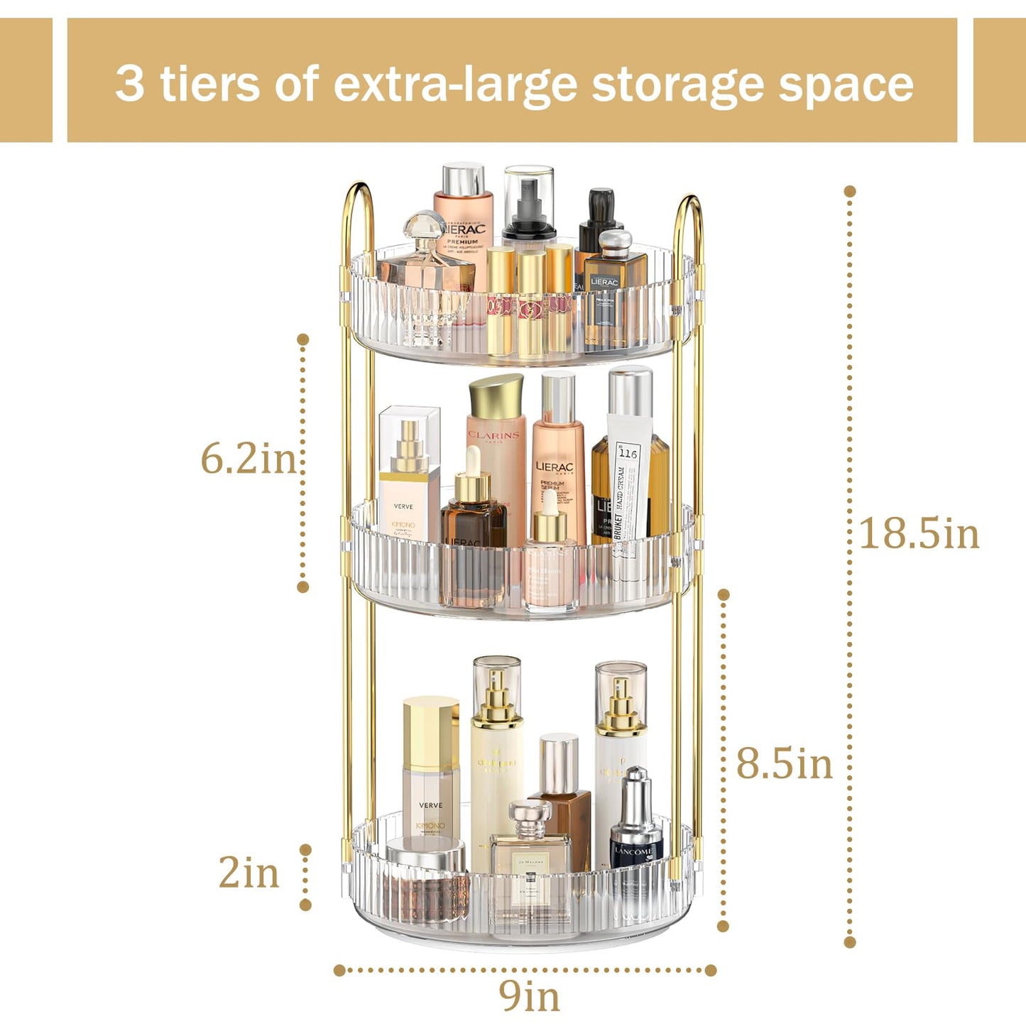 MOKANI 360 Rotating Makeup Organizer for Vanity, 3 Tier Adjustable Perfume Organizer for Dresser, Multi-Function Spinning Cosmetics Skincare Organizer for Bedroom, Dresser, Countertop, Clear