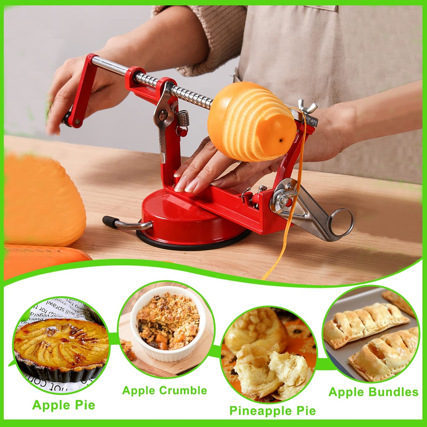 Apple Peeler Corer, Long lasting Chrome Cast Magnesium Alloy Apple Peeler Slicer Corer with Stainless Steel Blades and Powerful Suction Base for Apples and Potato(Red)