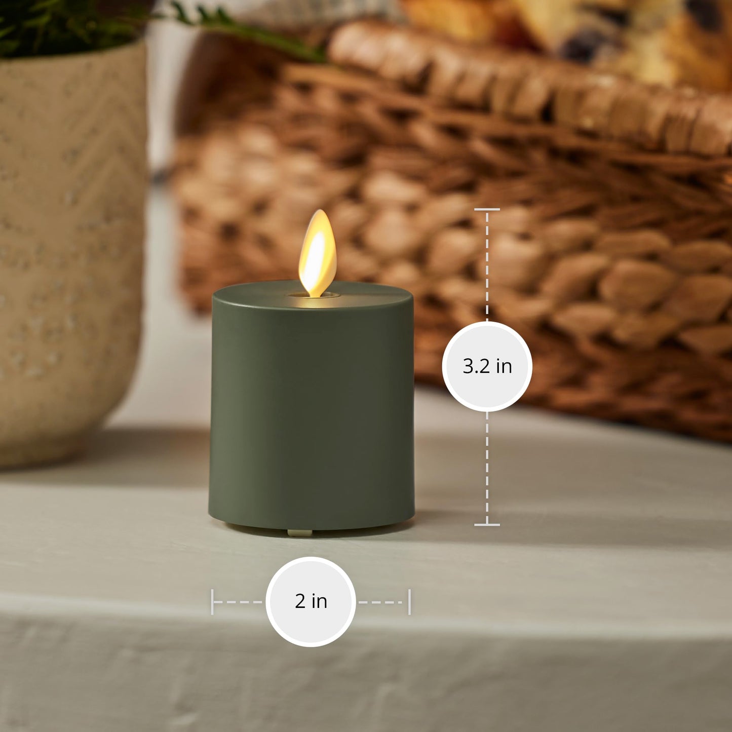 Luminara Loden Green Outdoor Moving Flame Votive Realistic LED Candle (2"x3.2"), IPX4 Flat Smooth Matte Plastic Finish, Battery Operated (2 AAA) Timer