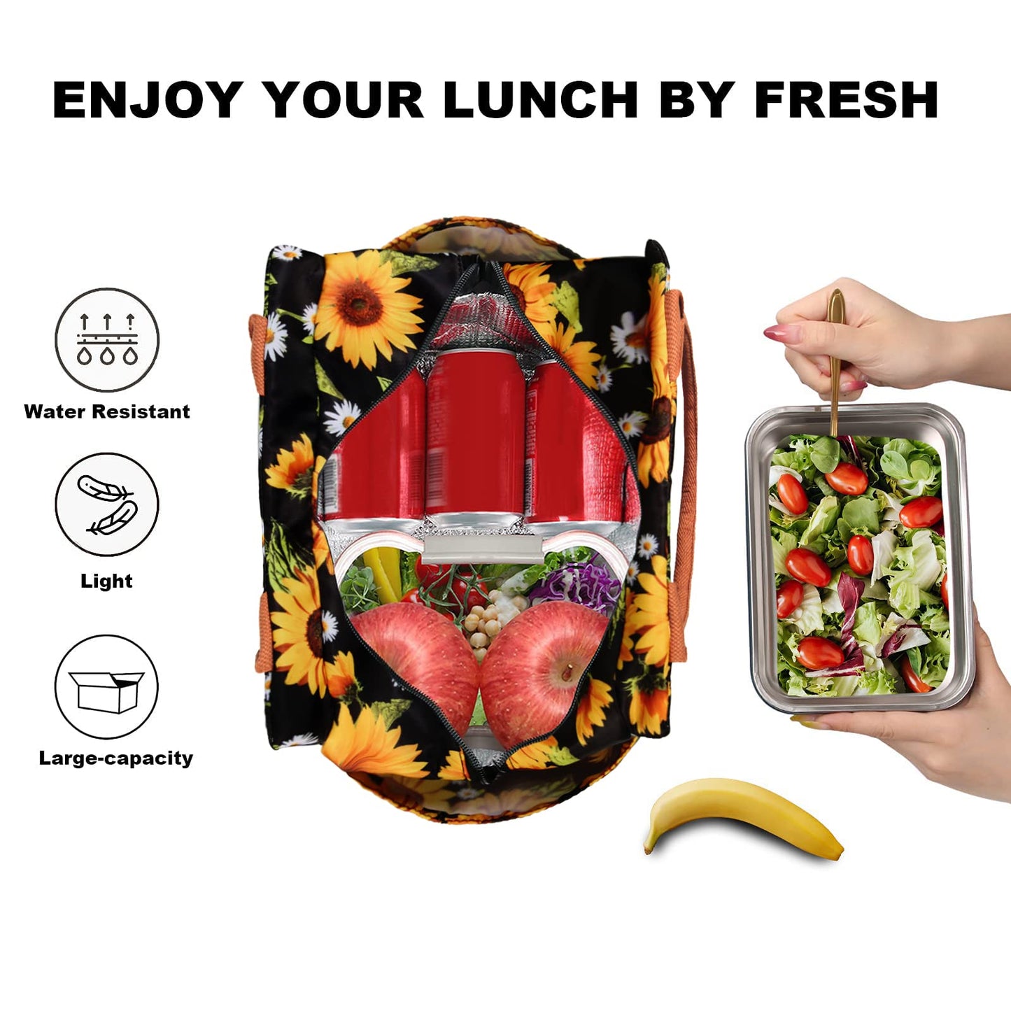 Joymee Lunch Bag Women Insulated Lunch Box Reusable Leakproof Large Spacious Cooler Tote for Womens Mens Adults with Bottle Holder and Side Pockets for Work Office Travel Picnic - Sunflower