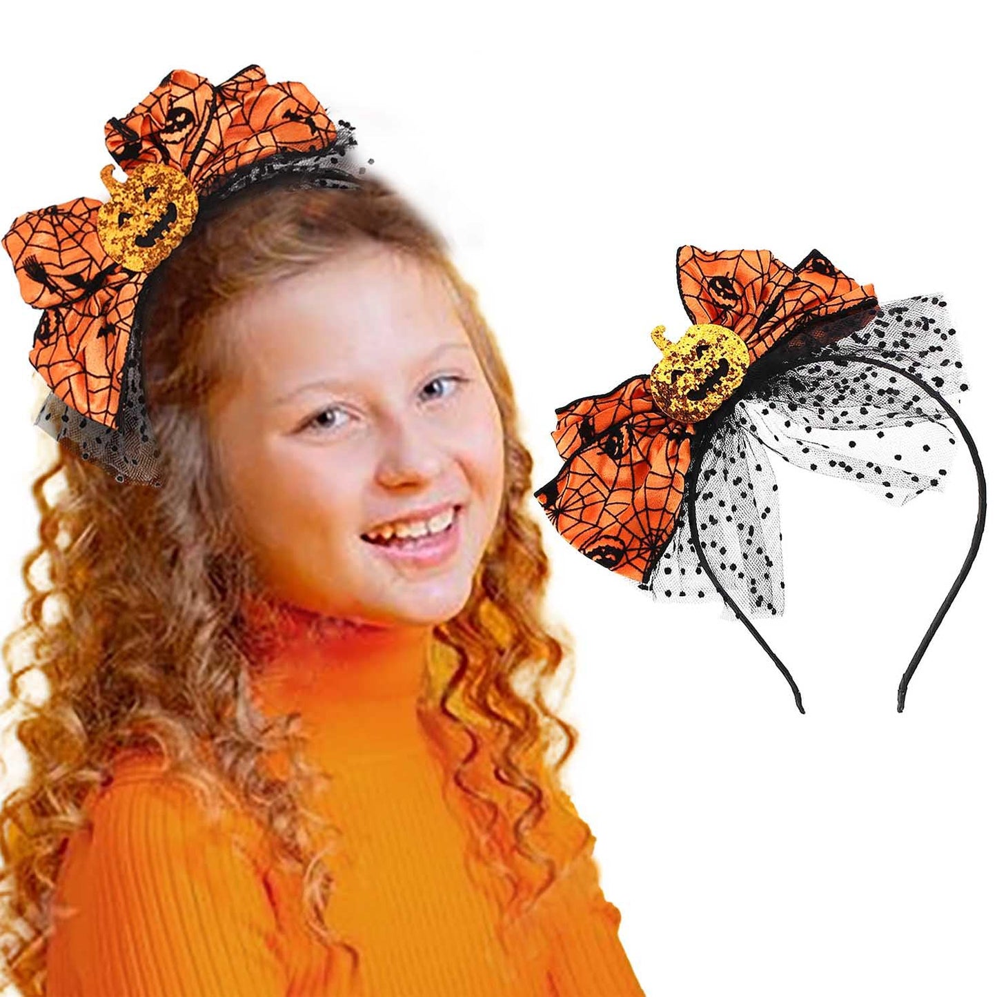 Olbye Halloween Bow Hairband Pumpkin Headbands with Bows Black Headband Spider Web Hair Bow Hair Hoop Cosplay Costume Party Decorations Halloween Hair Accessories for Women Girls (Pumpkin Bows A)