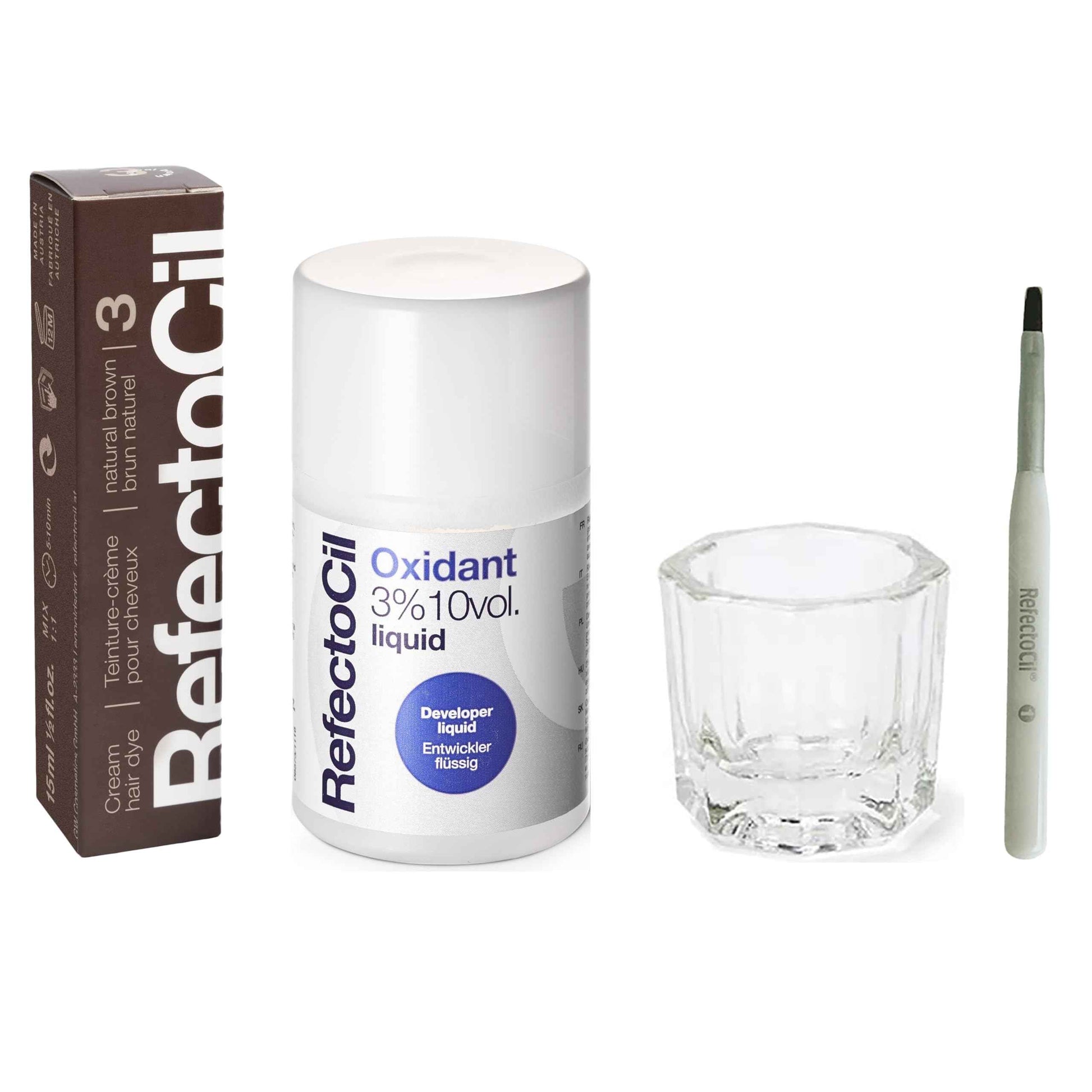 RefectoCil Natural Brown (#3) Hair Tinting Kit Includes Cream Hair Dye + Liquid Oxidant 3% + Mixing Brush & Mixing Dish